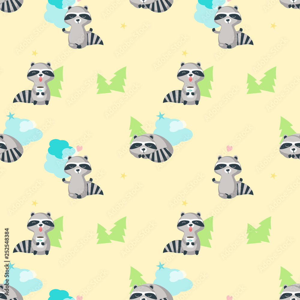 Fototapeta premium Vector seamless pattern with cute funny raccoons
