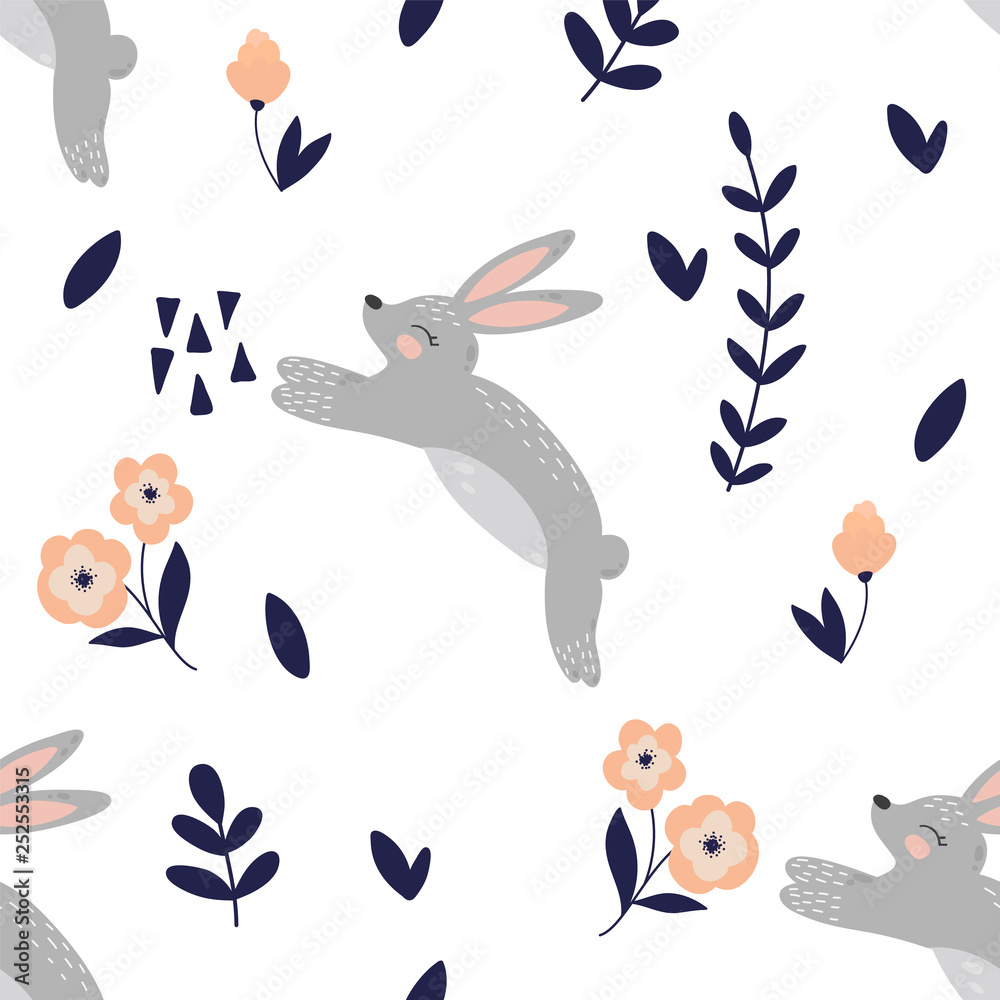Cute cartoon rabbit seamless pattern. Rabbit and flowers vector illustration. Cute cartoon rabbit seamless pattern. Rabbit and flowers vector illustration.