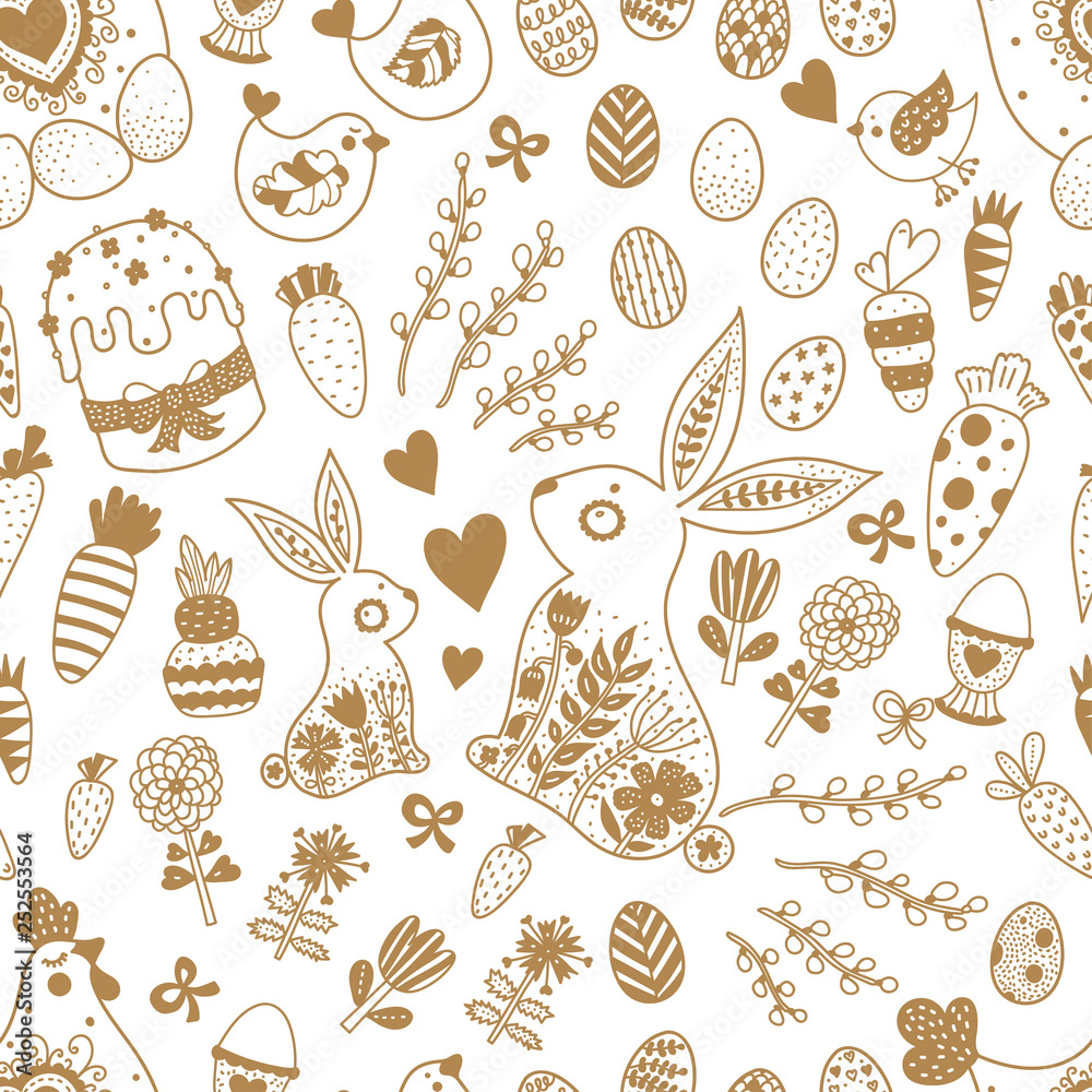 Cute gold seamless pattern for Easter holiday. Rabbits, Easter eggs, hen hen and chickens, willow and flowers. Can be used for wallpaper, pattern fills, web page background, postcards. Cute gold seamless pattern for Easter holiday. Rabbits, Easter eggs, hen hen and chickens, willow and flowers. Can be used for wallpaper, pattern fills, web page background, postcards.