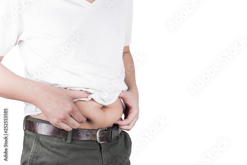 Obese Asian men use hands to grip the fat area. Obesity healthcare and health problem concept isolated on white background, clipping path