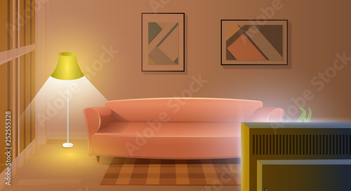 Modern Living Room with Working TV Cartoon Vector
