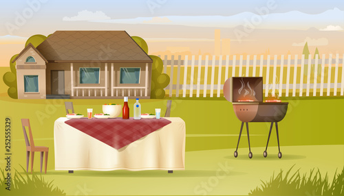 Family Barbeque on Country House Yard Vector