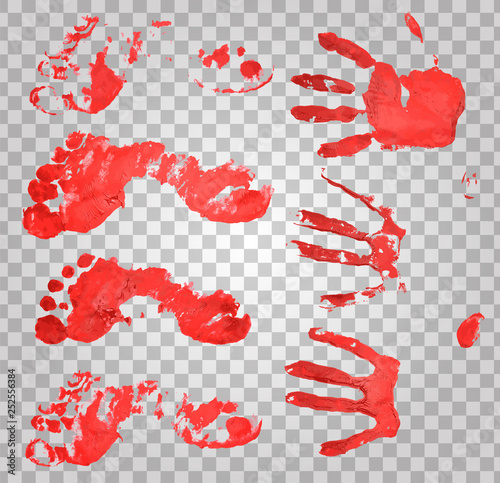 Bloody handprints and feet. Blood splatter