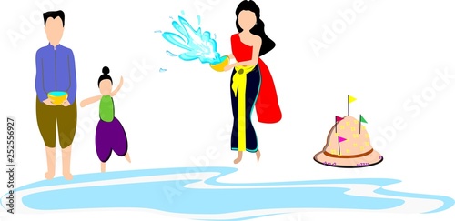 cartoon illustration, Women and men Thai national clothing, Songkran, children playing water and family days, parent-child activities together on holidays, 