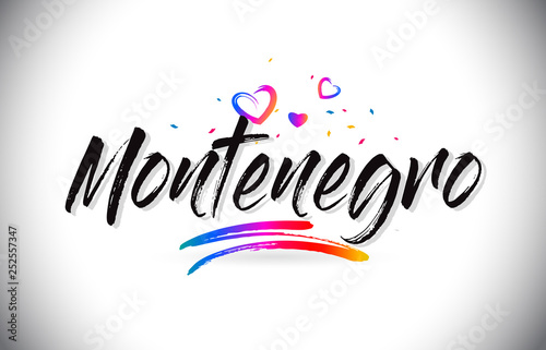 Montenegro Welcome To Word Text with Love Hearts and Creative Handwritten Font Design Vector.