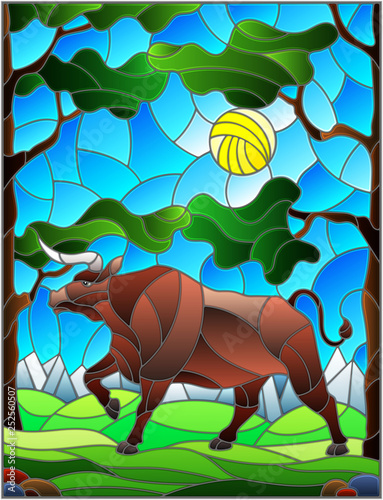 Illustration in stained glass style with wild bull on the background of trees, mountains and sky