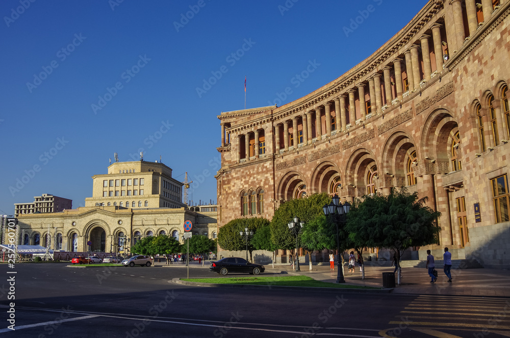The Government of the Republic of Armenia building and National Gallery on  Republic Square in Yerevan. Armenia