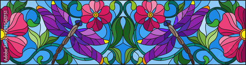 Illustration in stained glass style with bright dragonflys, flowers and leaves, on a blue background