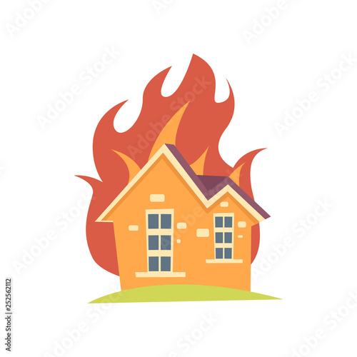 Burning house with fire outside the walls isolated on white background