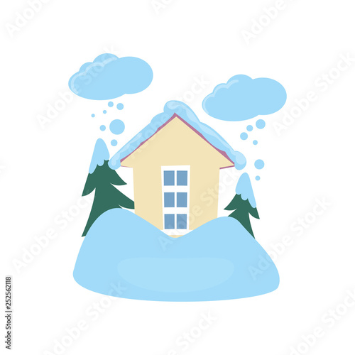 Snow flurry around house isolated on white background