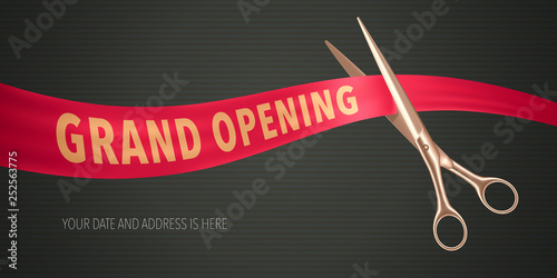 Grand opening vector illustration, banner. Design element with elegant scissors