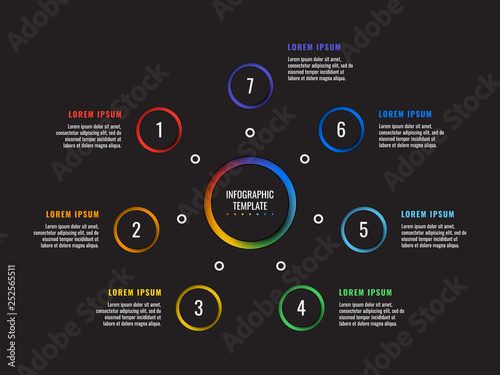 7 steps infographic template with round paper cut elements on black background. business process diagram. company presentation slide template. modern vector info graphic layout design. eps 10