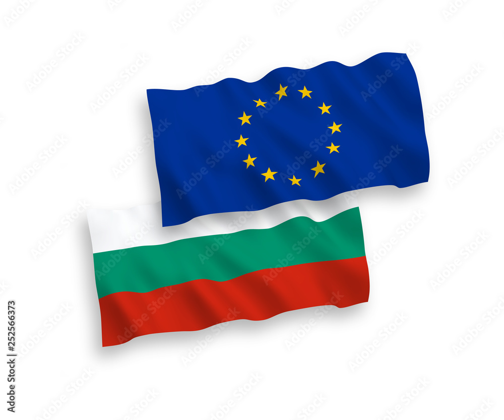 National vector fabric wave flags of Bulgaria and European Union isolated on white background. 1 to 2 proportion. National vector fabric wave flags of Bulgaria and European Union isolated on white background. 1 to 2 proportion.