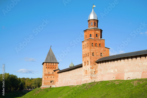 Two ancient towers (Kokui and Pokrovskaya) on a sunny October day. Kremlin of Veliky Novgorod