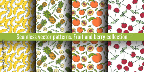 Banana, peach, pineapple, cherry. Seamless pattern set. Juicy fruit and berry collection. Hand drawn color vector sketch background. Colorful doodle wallpaper. Summer print