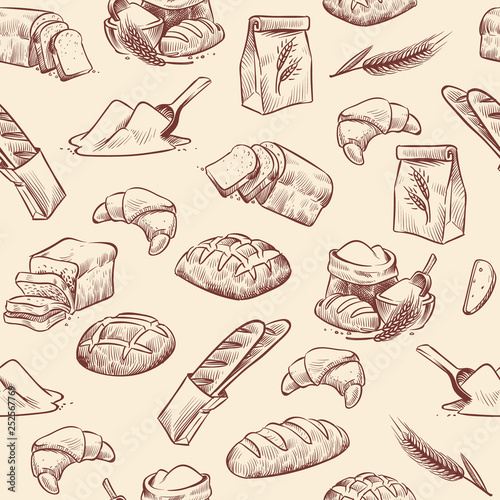 Bakery seamless pattern. Bread croissant pastries pastry wheat loaf sliced white roll drawn vintage sketch