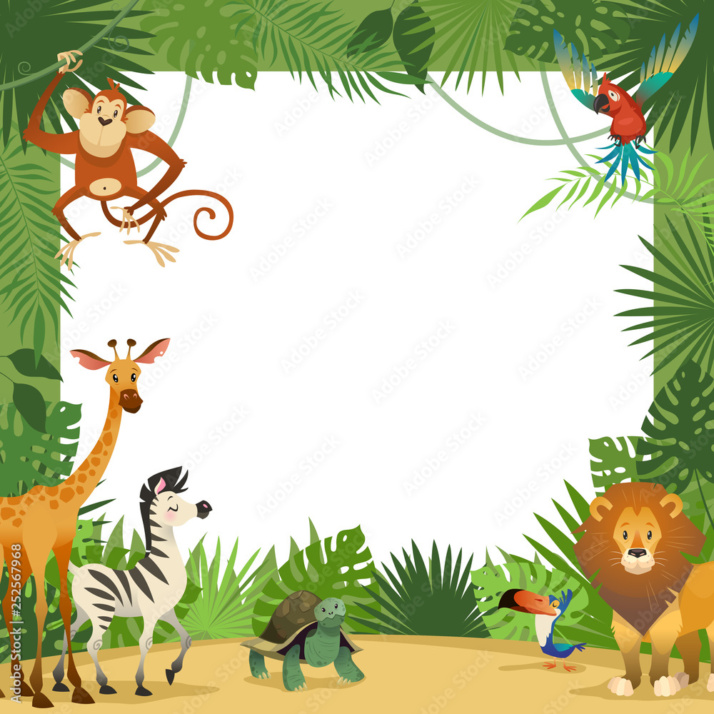 Jungle animals card. Frame animal tropical leaves greeting baby banner zoo  border template party children Stock Vector | Adobe Stock