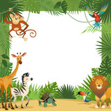 Jungle animals card. Frame animal tropical leaves greeting baby banner zoo border template party children