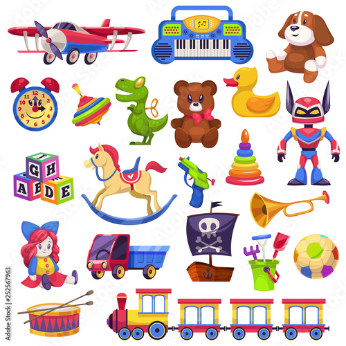 Kids toys set. Toy kid child preschool house baby game ball train yacht horse doll duck boat plane bear car pyramid