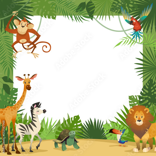 Fototapeta Naklejka Na Ścianę i Meble -  Jungle animals card. Frame animal tropical leaves greeting baby banner zoo border template party children