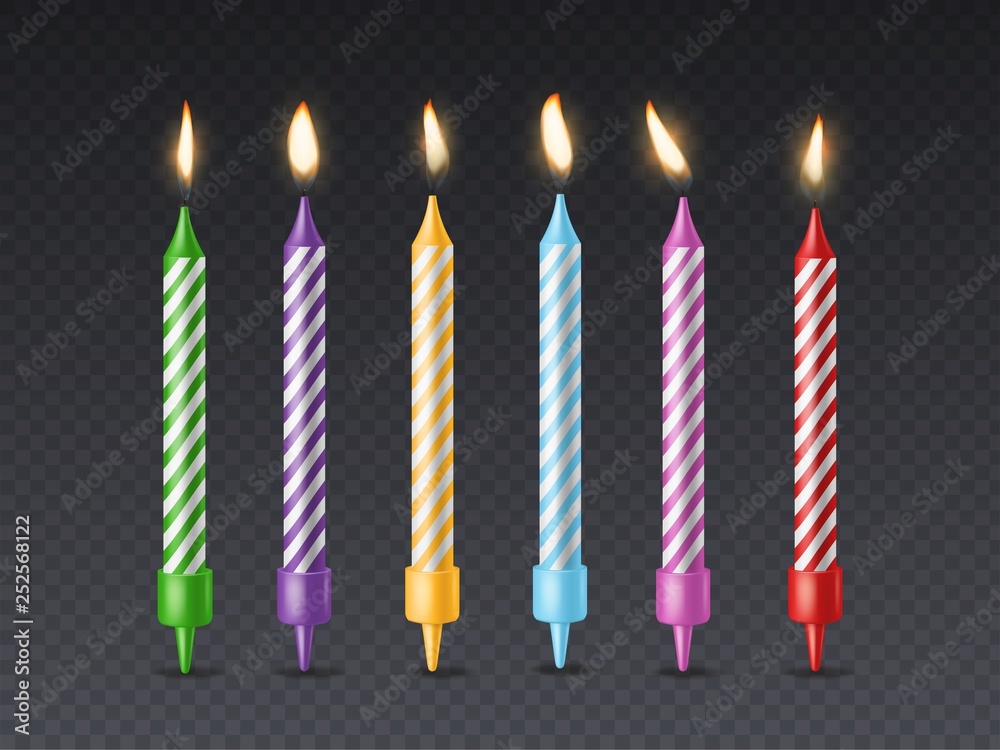 Birthday candle. Candlelight birthday party cake wax burning candle with flicker fire for holiday cakes isolated set Birthday candle. Candlelight birthday party cake wax burning candle with flicker fire for holiday cakes isolated set