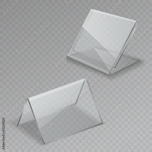 Glass table display. Office blank transparent glass table signs acrylic information clear stand menu isolated frames