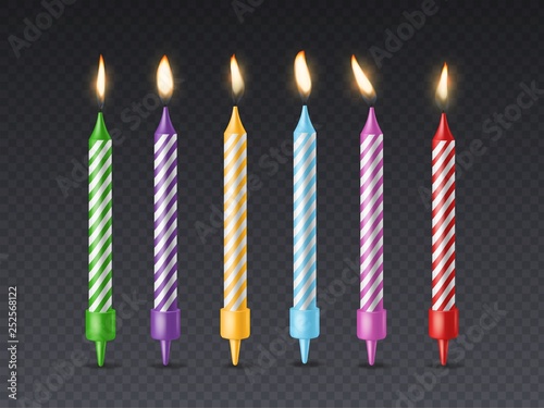 Birthday candle. Candlelight birthday party cake wax burning candle with flicker fire for holiday cakes isolated set