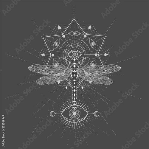 Vector illustration with hand drawn Dragonfly and Sacred geometric symbol on black background. Abstract mystic sign.