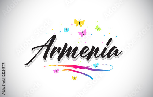 Armenia Handwritten Vector Word Text with Butterflies and Colorful Swoosh.