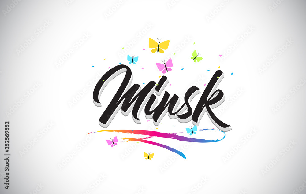 Minsk Handwritten Vector Word Text with Butterflies and Colorful Swoosh.