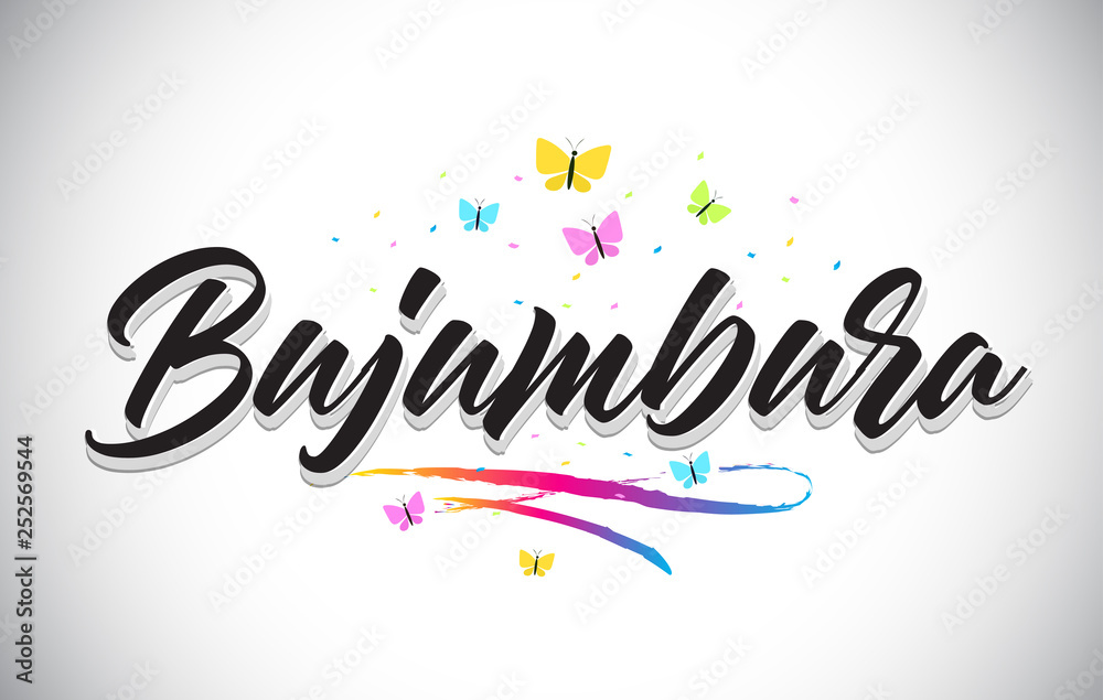 Bujumbura Handwritten Vector Word Text with Butterflies and Colorful Swoosh.