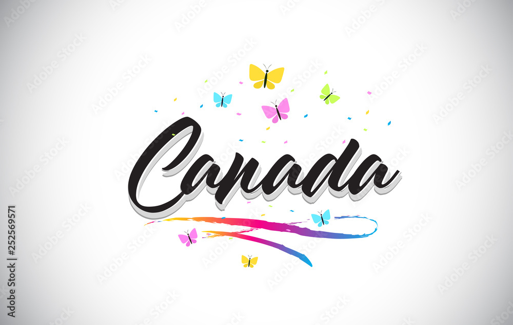 Canada Handwritten Vector Word Text with Butterflies and Colorful Swoosh. Canada Handwritten Vector Word Text with Butterflies and Colorful Swoosh.