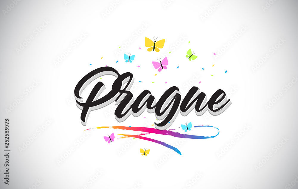 Prague Handwritten Vector Word Text with Butterflies and Colorful Swoosh. Prague Handwritten Vector Word Text with Butterflies and Colorful Swoosh.