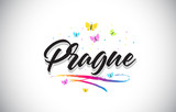 Prague Handwritten Vector Word Text with Butterflies and Colorful Swoosh.