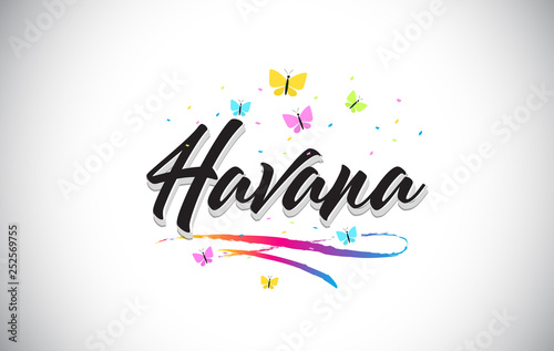 Havana Handwritten Vector Word Text with Butterflies and Colorful Swoosh.