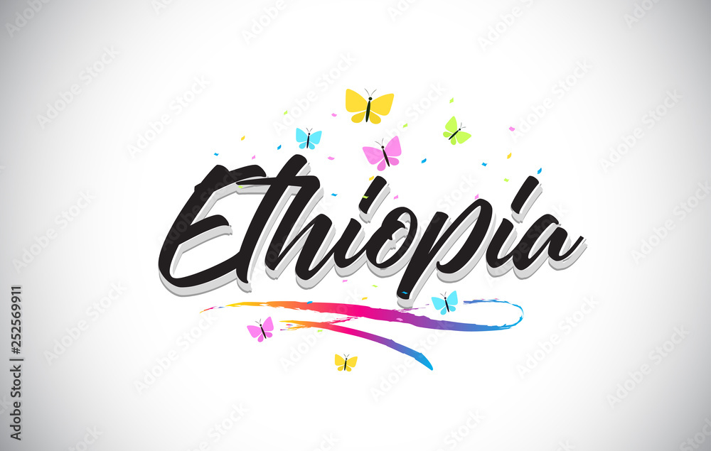 Ethiopia Handwritten Vector Word Text with Butterflies and Colorful Swoosh.