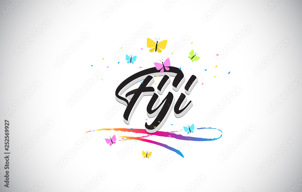 Fiji Handwritten Vector Word Text with Butterflies and Colorful Swoosh.