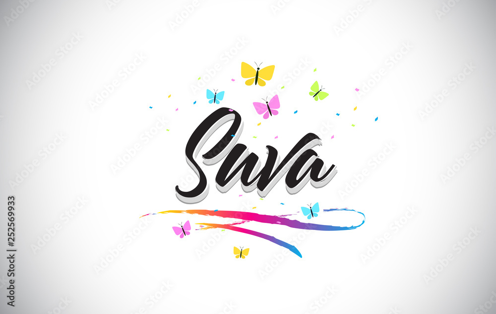 Suva Handwritten Vector Word Text with Butterflies and Colorful Swoosh.