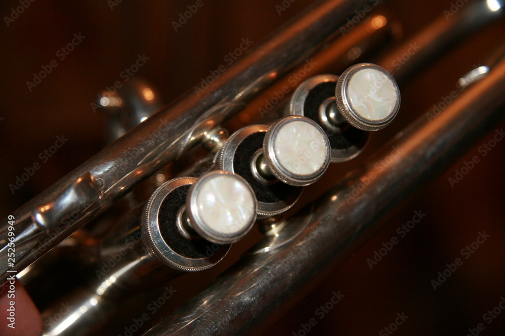 Naklejka premium The trumpet valves on the brown background