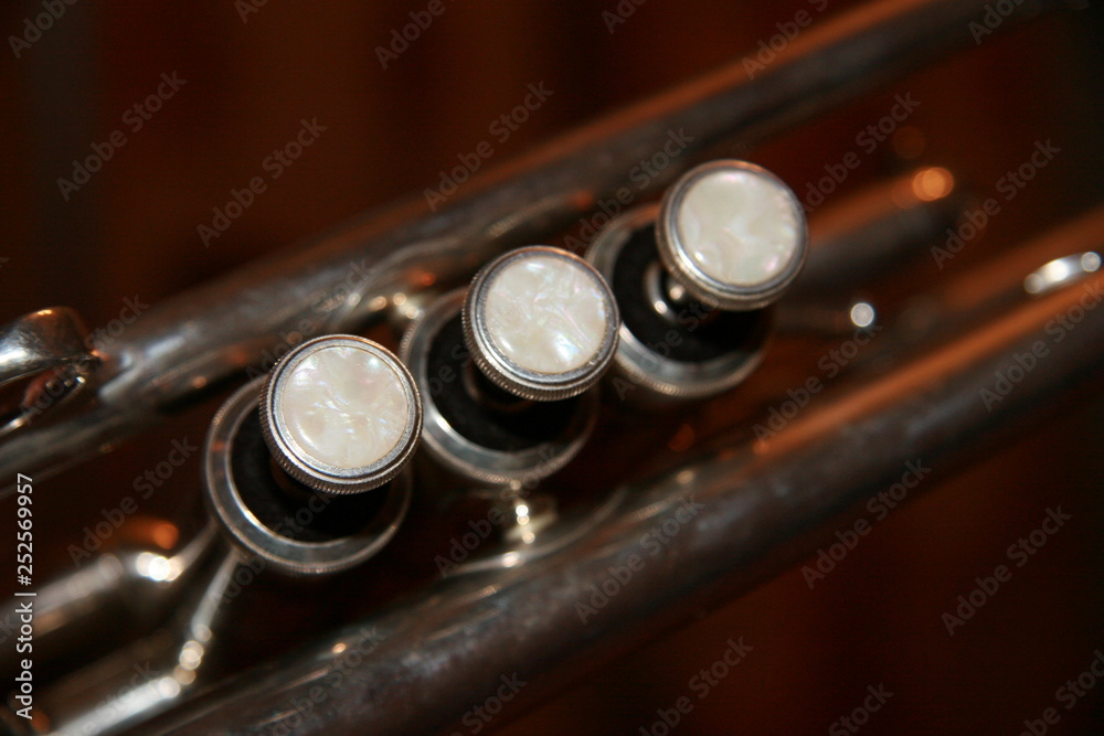 The trumpet valves on the brown background The trumpet valves on the brown background