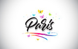 Paris Handwritten Vector Word Text with Butterflies and Colorful Swoosh.
