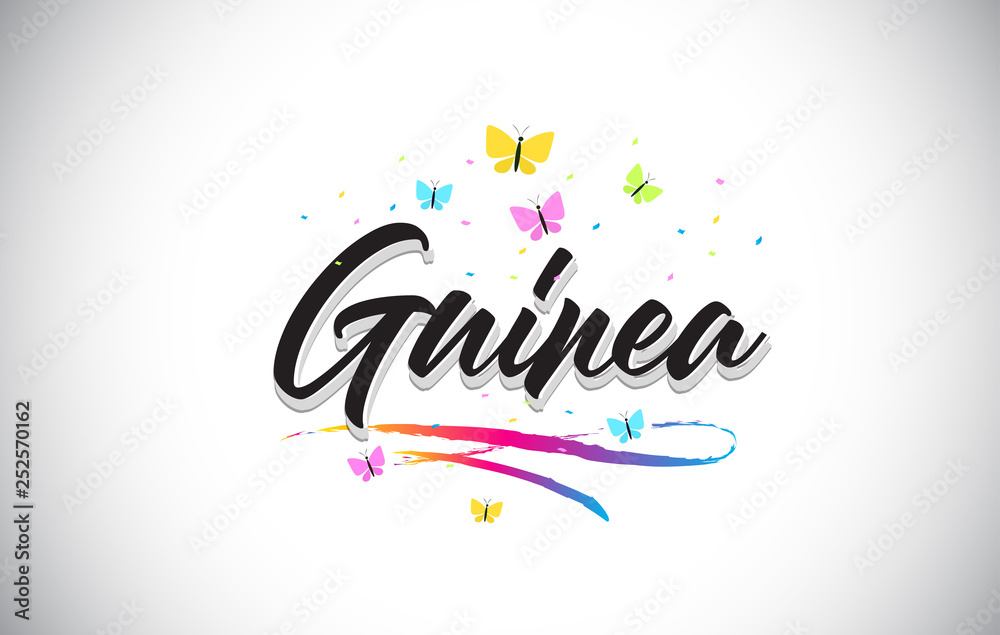 Guinea Handwritten Vector Word Text with Butterflies and Colorful Swoosh.