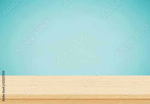 Empty wood table top on blue background  Template mock up for display of product