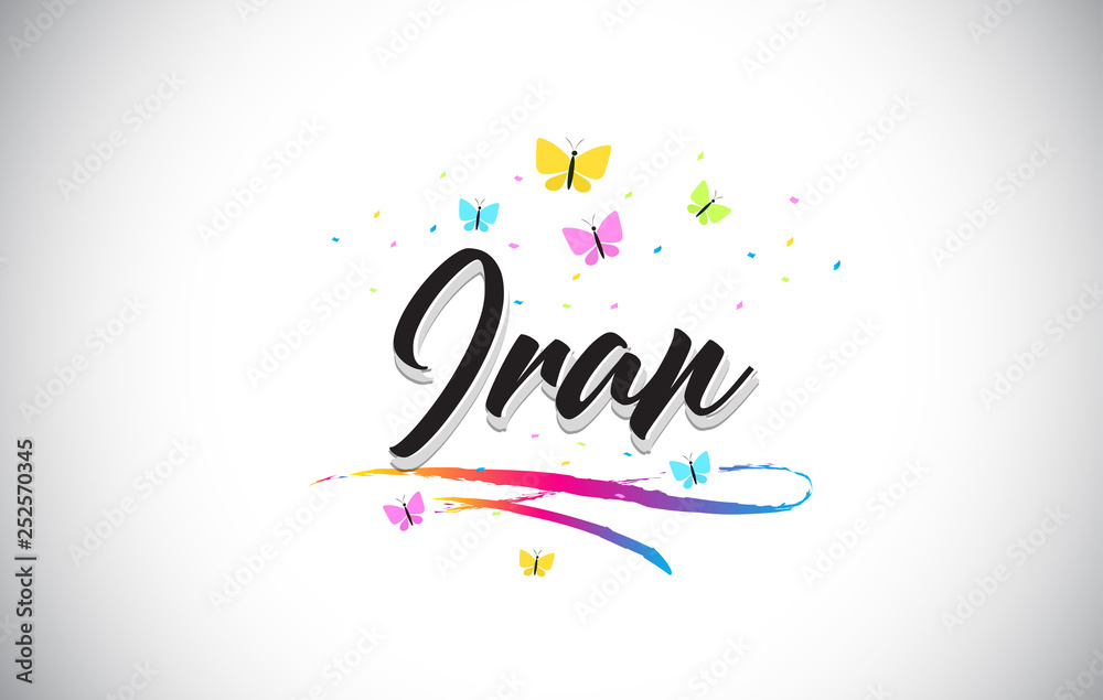 Iran Handwritten Vector Word Text with Butterflies and Colorful Swoosh.
