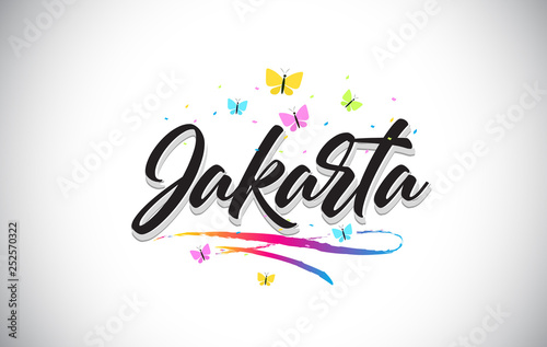 Jakarta Handwritten Vector Word Text with Butterflies and Colorful Swoosh.