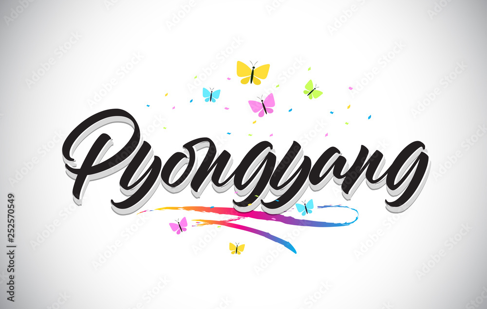Pyongyang Handwritten Vector Word Text with Butterflies and Colorful Swoosh.