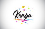 Kenya Handwritten Vector Word Text with Butterflies and Colorful Swoosh.
