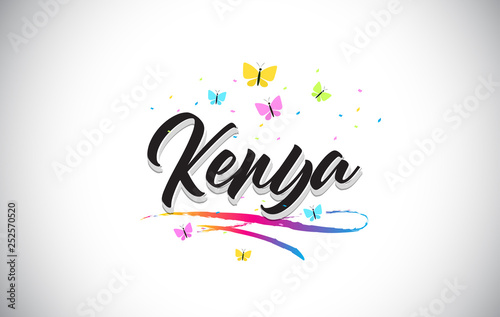 Kenya Handwritten Vector Word Text with Butterflies and Colorful Swoosh.