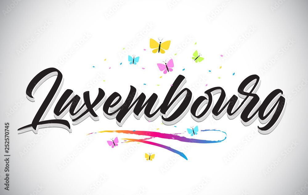 Luxembourg Handwritten Vector Word Text with Butterflies and Colorful Swoosh.