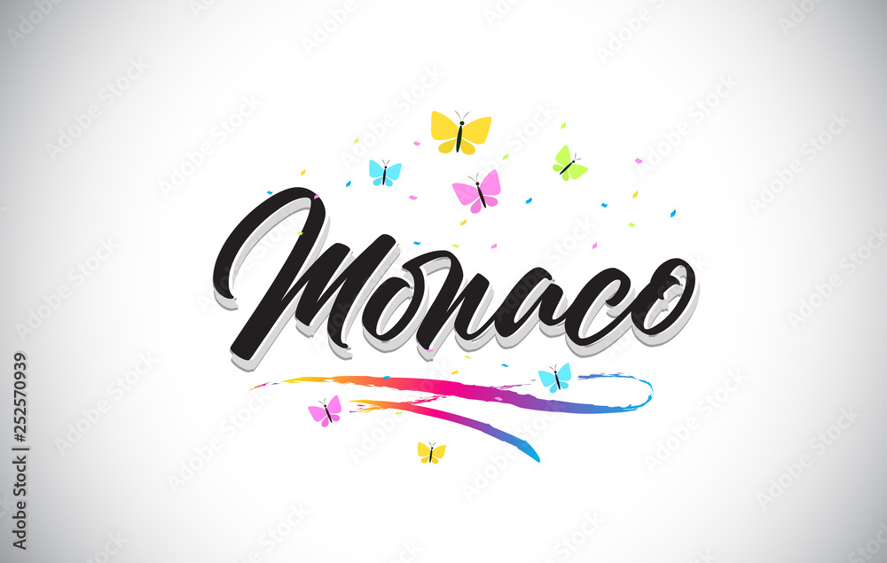 Monaco Handwritten Vector Word Text with Butterflies and Colorful Swoosh.